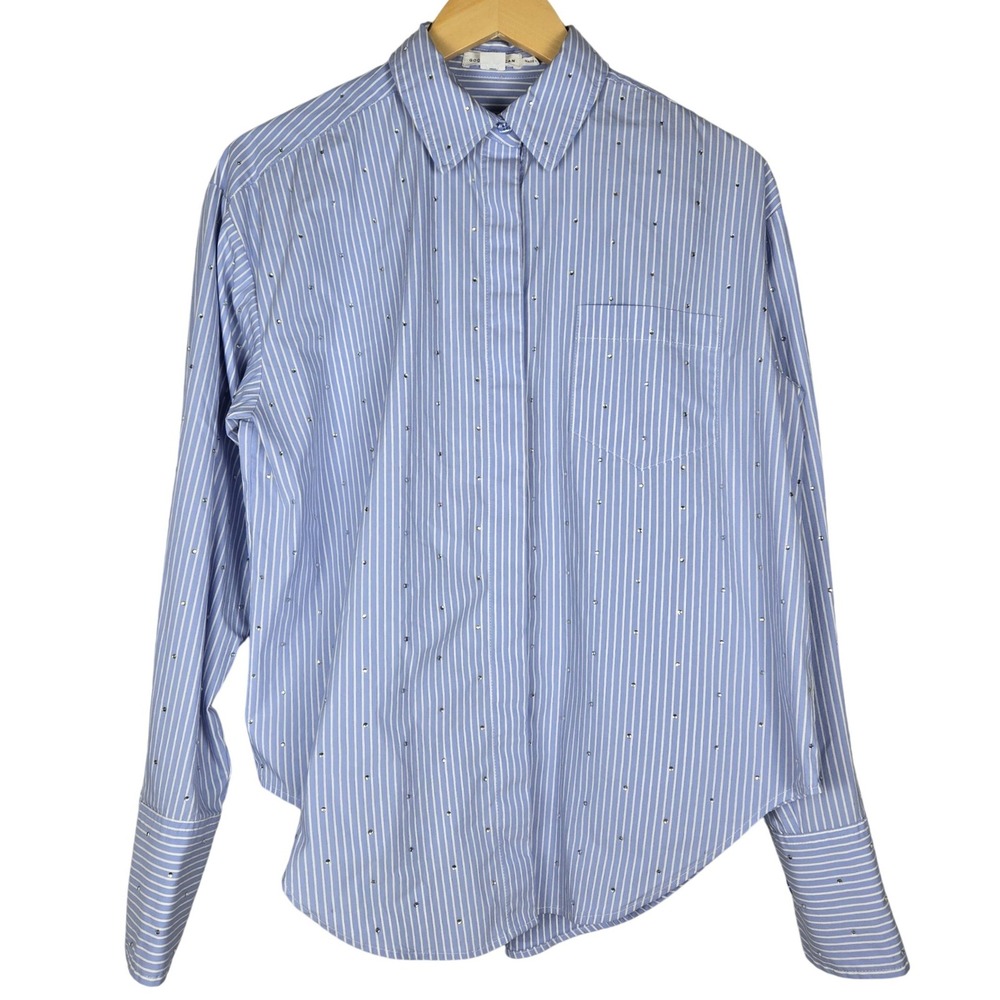 Good American Hot Girl Stripe Rhinestone Embellished Button Down Poplin Shirt XS